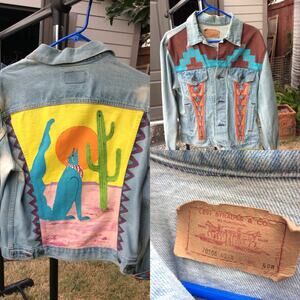 VINTAGE 80's UNISEX ARTIST SIGNED Southwestern HANDPAINTED Denim Jacket! 40R